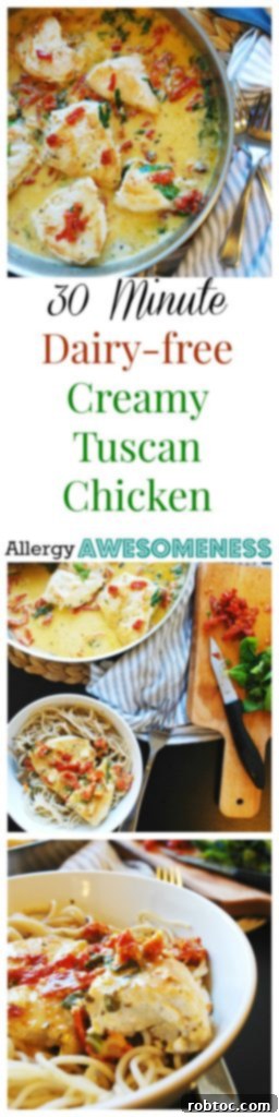 Pin this 30 Minute Dairy-Free Tuscan Chicken by AllergyAwesomeness.com for later