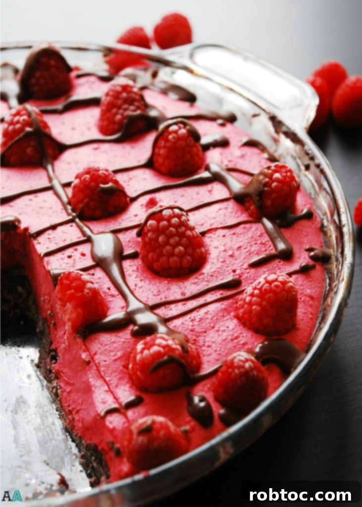 Heavenly Gluten-Free Vegan Frozen Raspberry Pie 3 Close-up of a slice of Frozen Raspberry Pie, showing the creamy filling and chocolate cookie crust.