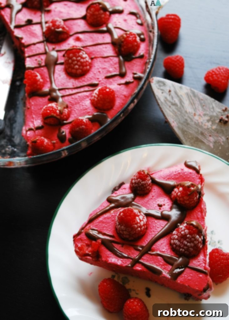 Heavenly Gluten-Free Vegan Frozen Raspberry Pie 6 A perfectly sliced Gluten-Free Vegan Frozen Raspberry Pie, garnished with fresh raspberries and a delicate chocolate drizzle.