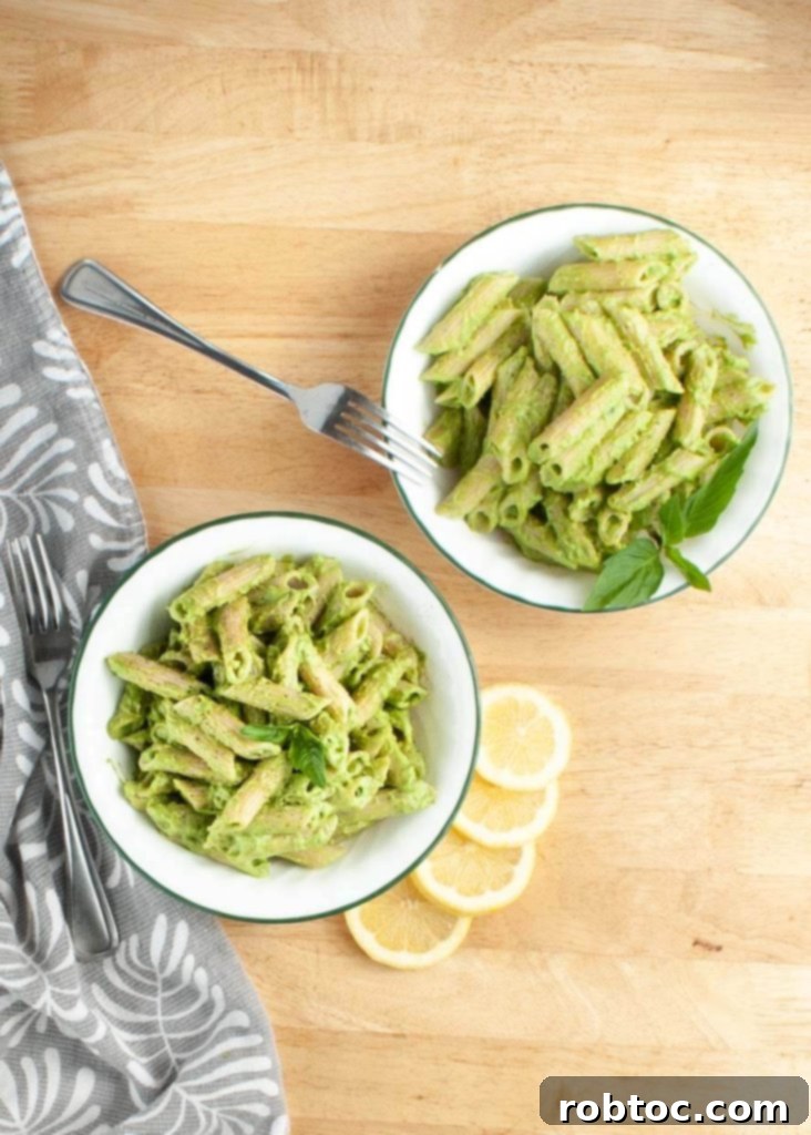 Creamy Lemon Basil Avocado Pasta Gluten-Free Vegan 3 gluten free vegan pasta recipe in two bowls shown from above