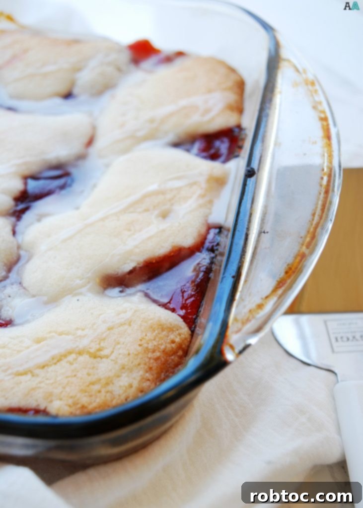 A close-up of a slice of vegan cherry cobbler, showing the soft cake and rich cherry filling. Gluten-free and allergy-friendly.