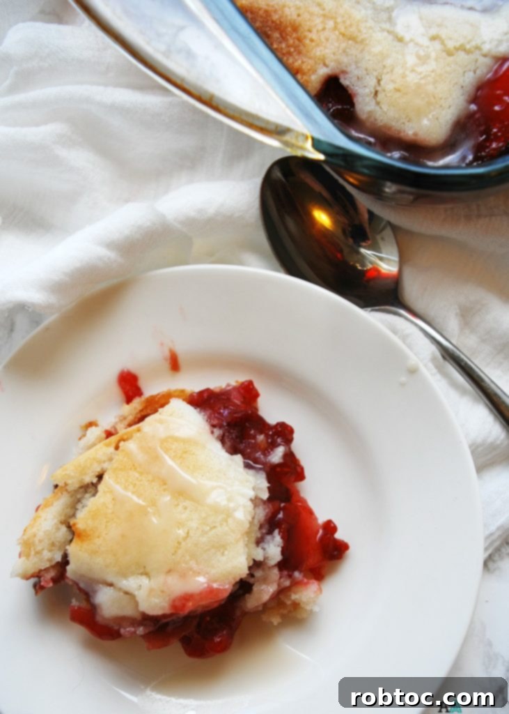 A top-down view of a freshly baked vegan cherry cobbler, garnished with a sweet white drizzle. Allergy-friendly dessert recipe.