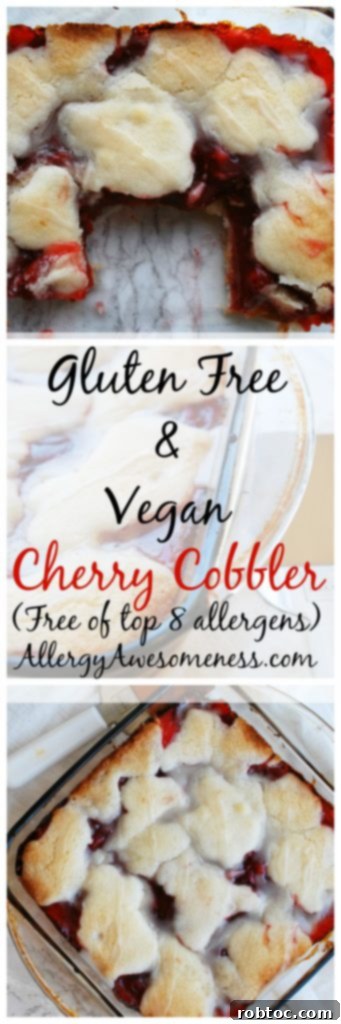 Pin this recipe! Delicious Gluten-free and Vegan Cherry Cobbler. Recipe by AllergyAwesomeness.com