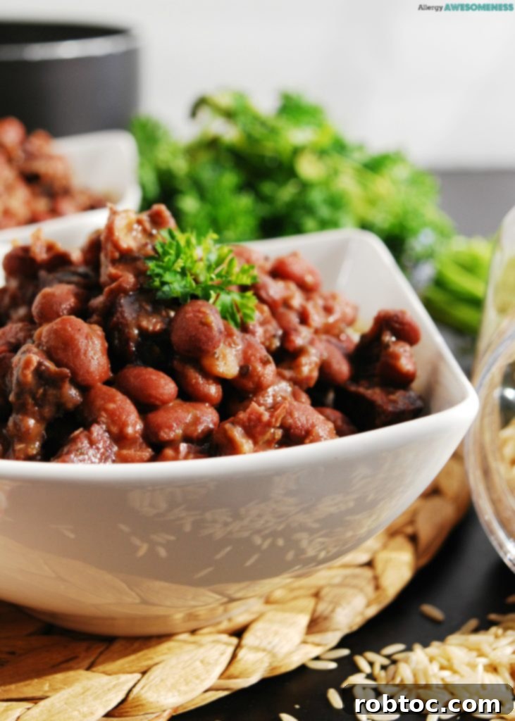 Close-up of allergy-friendly Red Beans and Rice, showcasing its rich texture and appetizing appeal