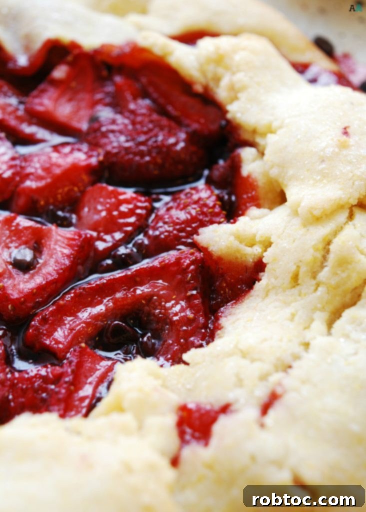 Vegan Top 8 Allergen-Free Strawberry Chocolate Galette 4 A generous slice of Strawberry Chocolate Galette with a fork, revealing the gooey chocolate and tender strawberries within its flaky, gluten-free crust.