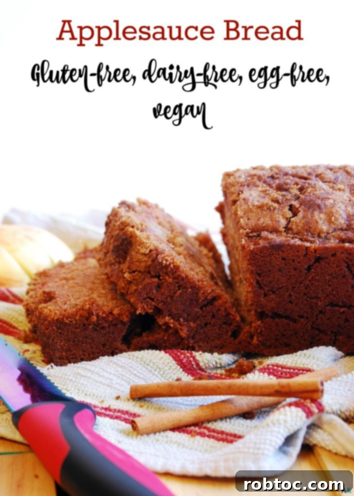 Pin graphic for Gluten-free and Vegan Applesauce Quick Bread. Recipe by AllergyAwesomeness.com - save this delicious top 8 allergy-free fall recipe!