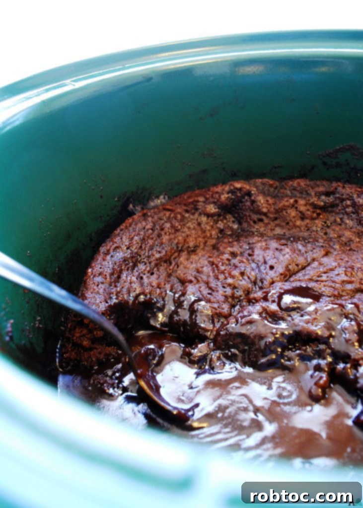 A close-up shot of the rich, molten Slow Cooker Chocolate Lava Cake, showcasing its perfect texture and gooey chocolate pudding. This gluten-free, vegan, and top 8 allergen-free dessert from AllergyAwesomeness.com is an unforgettable treat.