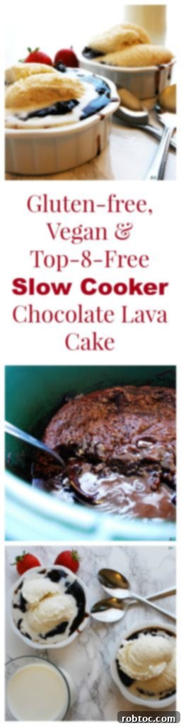 Pin this Gluten-free, Vegan & Top-8-free Slow Cooker Chocolate Lava Cake Dessert Recipe by AllergyAwesomeness.com for later. Perfect for easy, allergy-friendly dessert solutions.