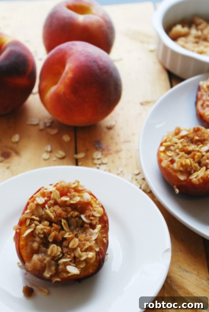 Wholesome Vegan Gluten and Dairy Free Streusel Stuffed Peaches 3 Easy Baked Streusel Stuffed Peaches - A Healthy, Top 8 Free, and Vegan Dessert Idea