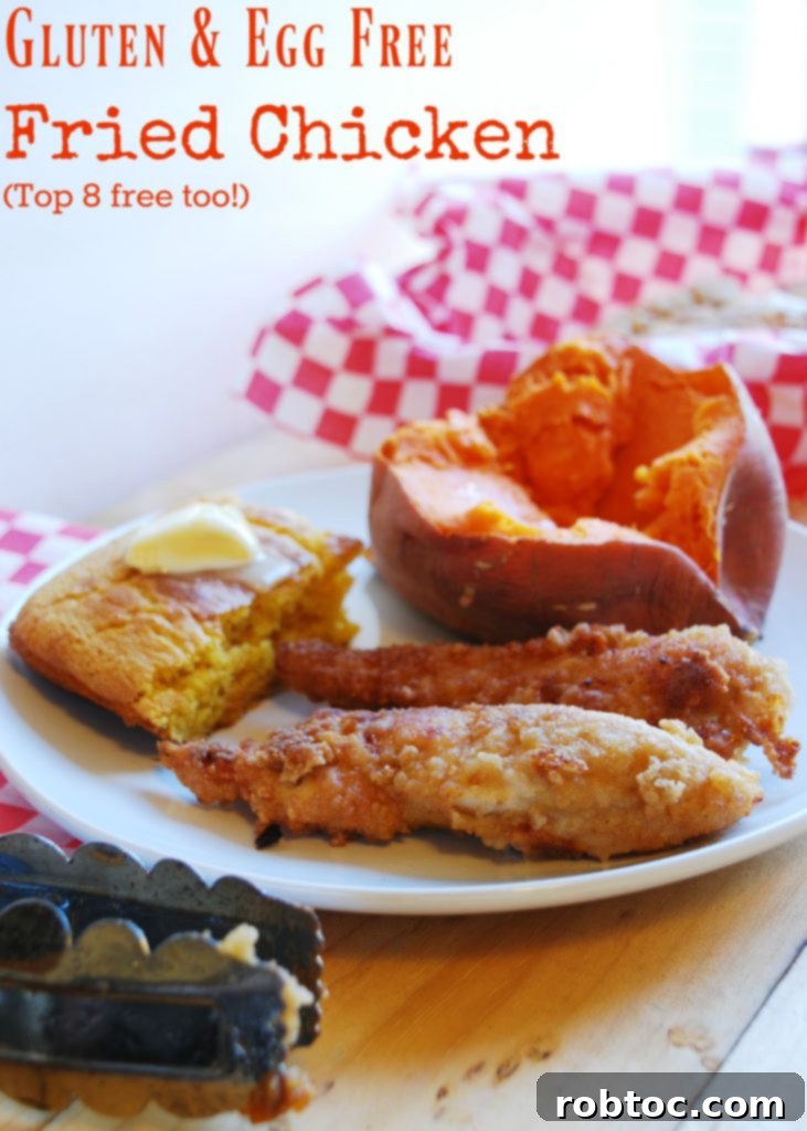 A vibrant Pinterest graphic for gluten-free, dairy-free, egg-free fried chicken by AllergyAwesomeness.com, perfect for sharing.