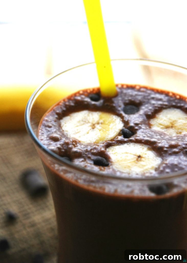 Allergen Free Vegan Chocolate Banana SunButter Breakfast Shake 5 A tall glass of the rich, creamy Chocolate Banana SunButter Breakfast Shake, garnished with a banana slice, showcasing this healthy, vegan, gluten-free, dairy-free, egg-free, soy-free, peanut-free, and tree nut-free recipe. Perfect for an allergy-friendly breakfast or snack.