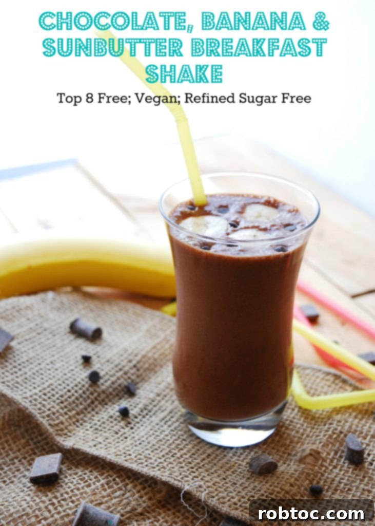 Allergen Free Vegan Chocolate Banana SunButter Breakfast Shake 9 Pin this Chocolate SunButter Banana Breakfast Shake recipe from AllergyAwesomeness.com! This is a healthy, delicious, gluten-free, dairy-free, egg-free, soy-free, peanut-free, tree nut-free, and vegan breakfast or snack option, perfect for allergen-conscious families.