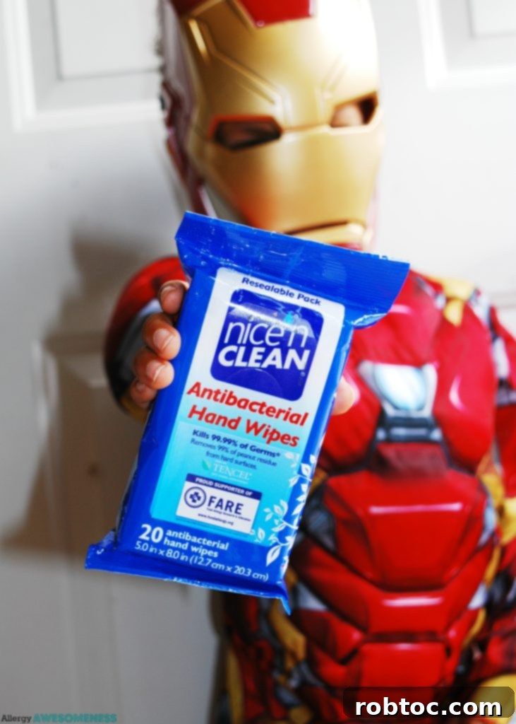 Allergy-Friendly Trick-or-Treating: A Guide to Safe Halloween Candies 4 Nice N CLEAN wipes packaging, highlighting its partnership with FARE for food allergy awareness