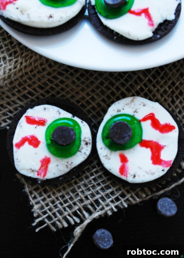 Pinterest graphic for Allergy-Friendly Monster Eyeballs, a simple no-bake Halloween recipe.