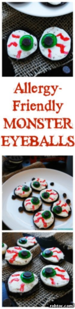 Pinterest pin for Allergy-Friendly Monster Eyeballs, a quick and easy no-bake Halloween treat.