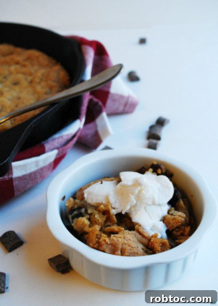 Nut-Free Gluten-Free Vegan Skillet Cookie 4 Another view of the Gluten-free and Vegan Skillet Chocolate Chip Cookie, showcasing its thick, inviting texture.