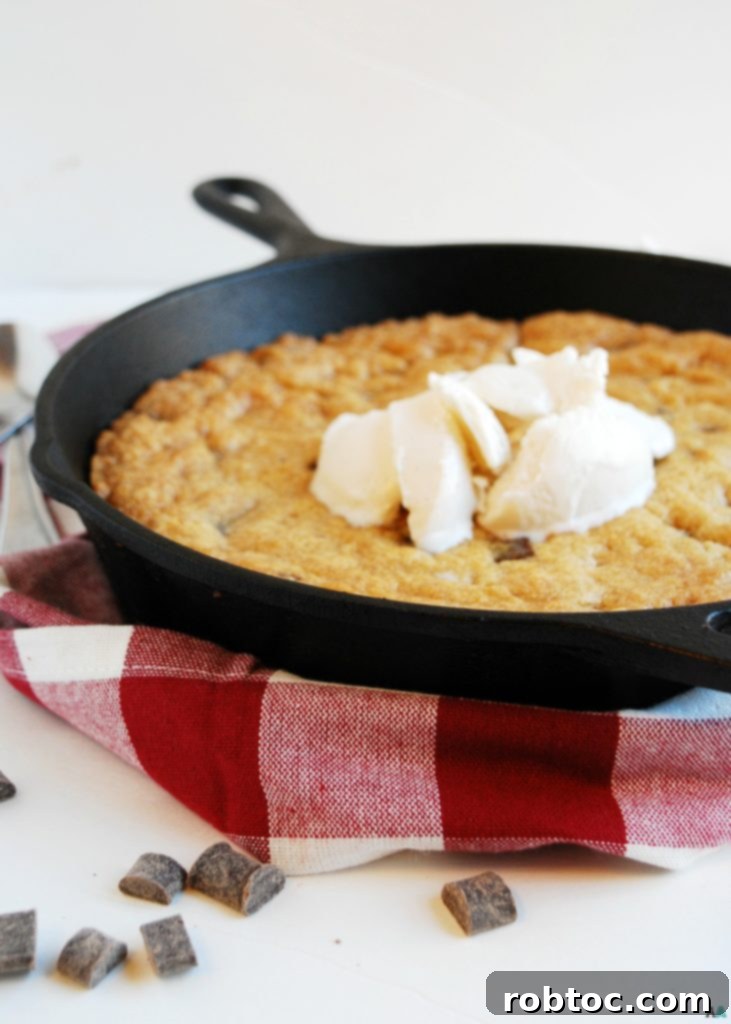 Nut-Free Gluten-Free Vegan Skillet Cookie 5 A warm slice of Gluten-free & Vegan Skillet Chocolate Chip Cookie with ice cream, ready to be enjoyed.