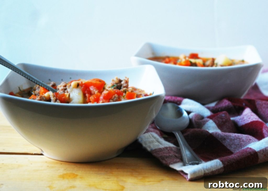 Hearty bowl of Potato & Sausage Soup, an allergy-friendly dinner idea.