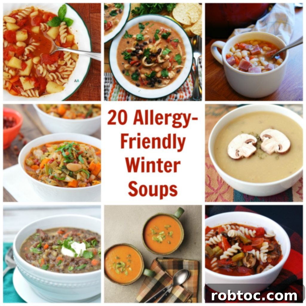 A beautiful array of vibrant, comforting allergy-friendly winter soups in various bowls, perfect for chilly weather
