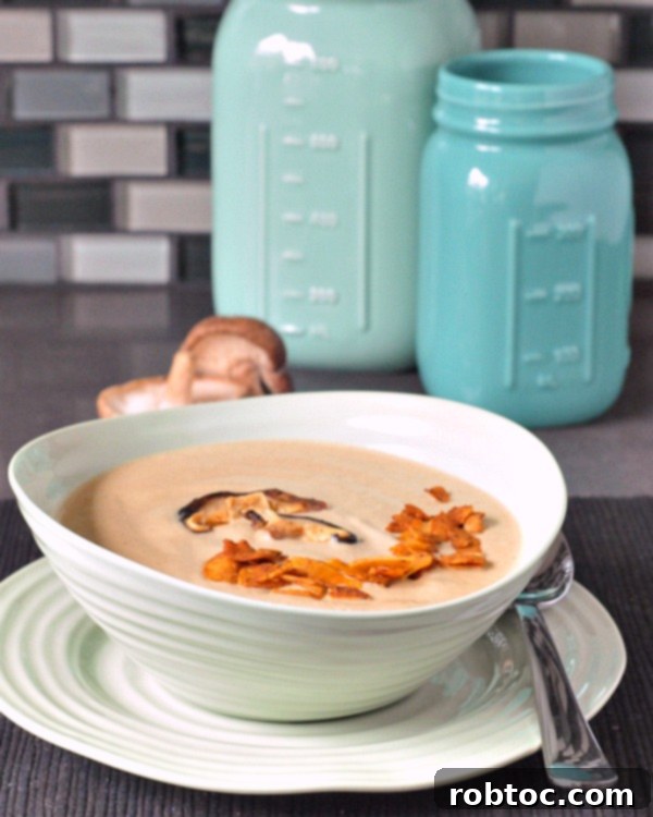 Rich and savory Hearty Roasted Mushroom Bisque, dairy-free, egg-free, gluten-free, and vegan