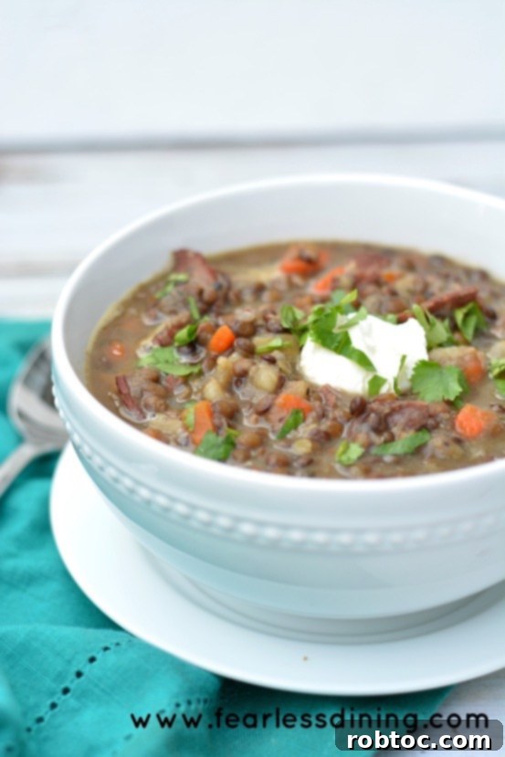Hearty Lentil Soup with Bacon, gluten-free, egg-free, soy-free, peanut-free, and tree nut-free