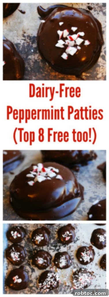 Pinterest graphic for Dairy-free Homemade Peppermint Patties, highlighting gluten-free, dairy-free, egg-free, soy-free, peanut-free, tree nut-free, top 8 free, and vegan qualities for holiday dessert recipe by AllergyAwesomeness.com
