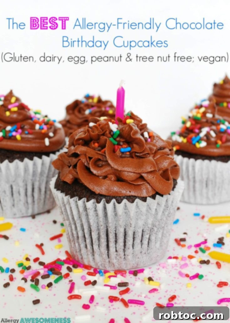 Pin this allergy friendly chocolate birthday cupcake recipe for later