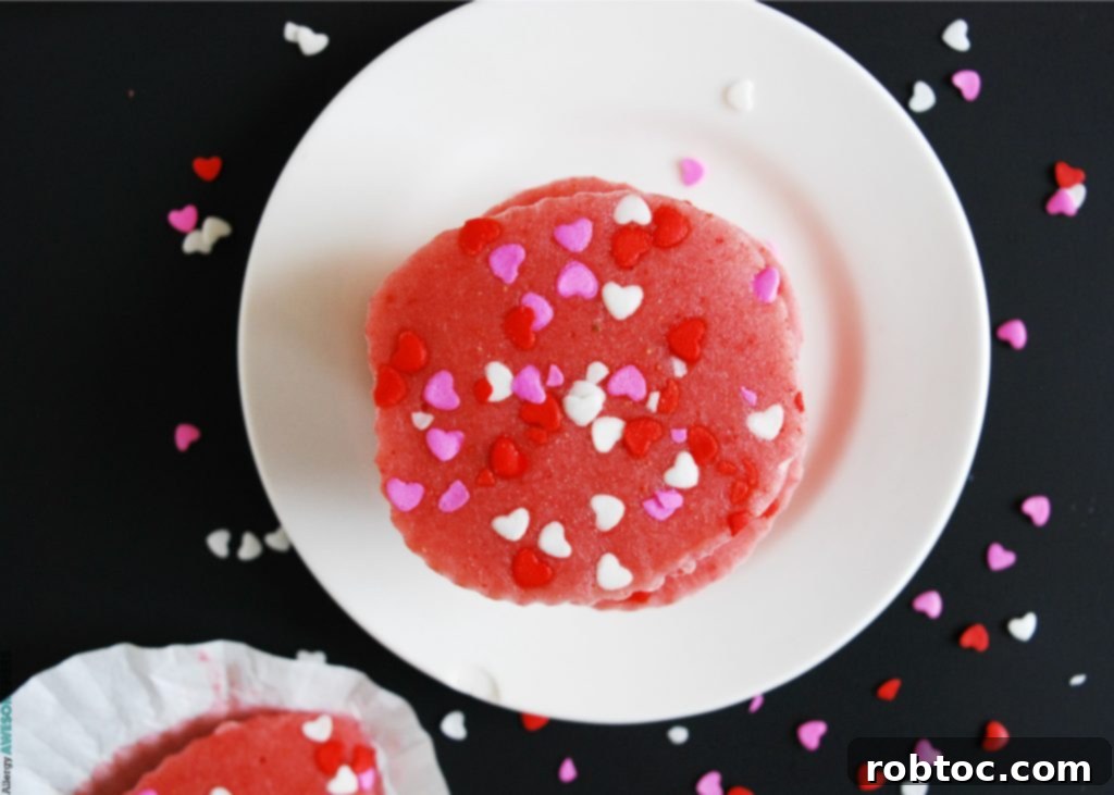 A flat lay arrangement of dairy-free frozen strawberry yogurt bites, some adorned with sprinkles, on a light surface with pink decorations