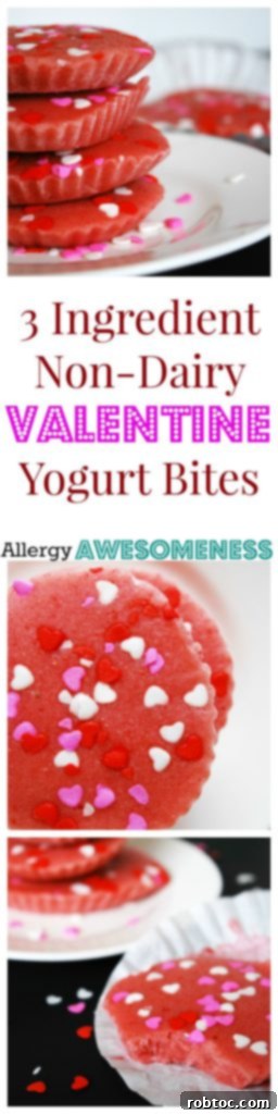 Pinterest graphic: Valentine Strawberry Frozen Yogurt Cups (DF) by AllergyAwesomeness.com, encouraging readers to pin the recipe for future reference