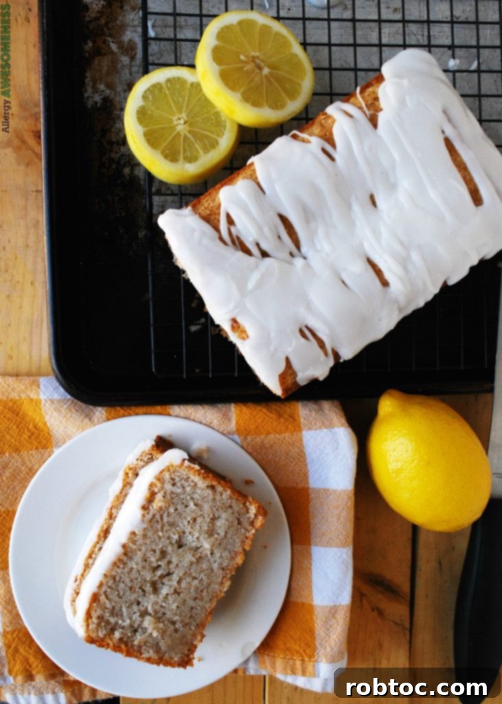 Sunshine Lemon Loaf with Tangy Glaze: Vegan & Top 8 Allergen-Friendly 2 Moist Gluten-Free Vegan Lemon Bread with a thick lemon glaze, perfect for breakfast or brunch
