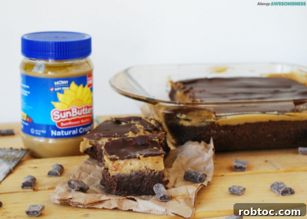 Close-up of SunButter Triple Layer Brownies with distinct layers