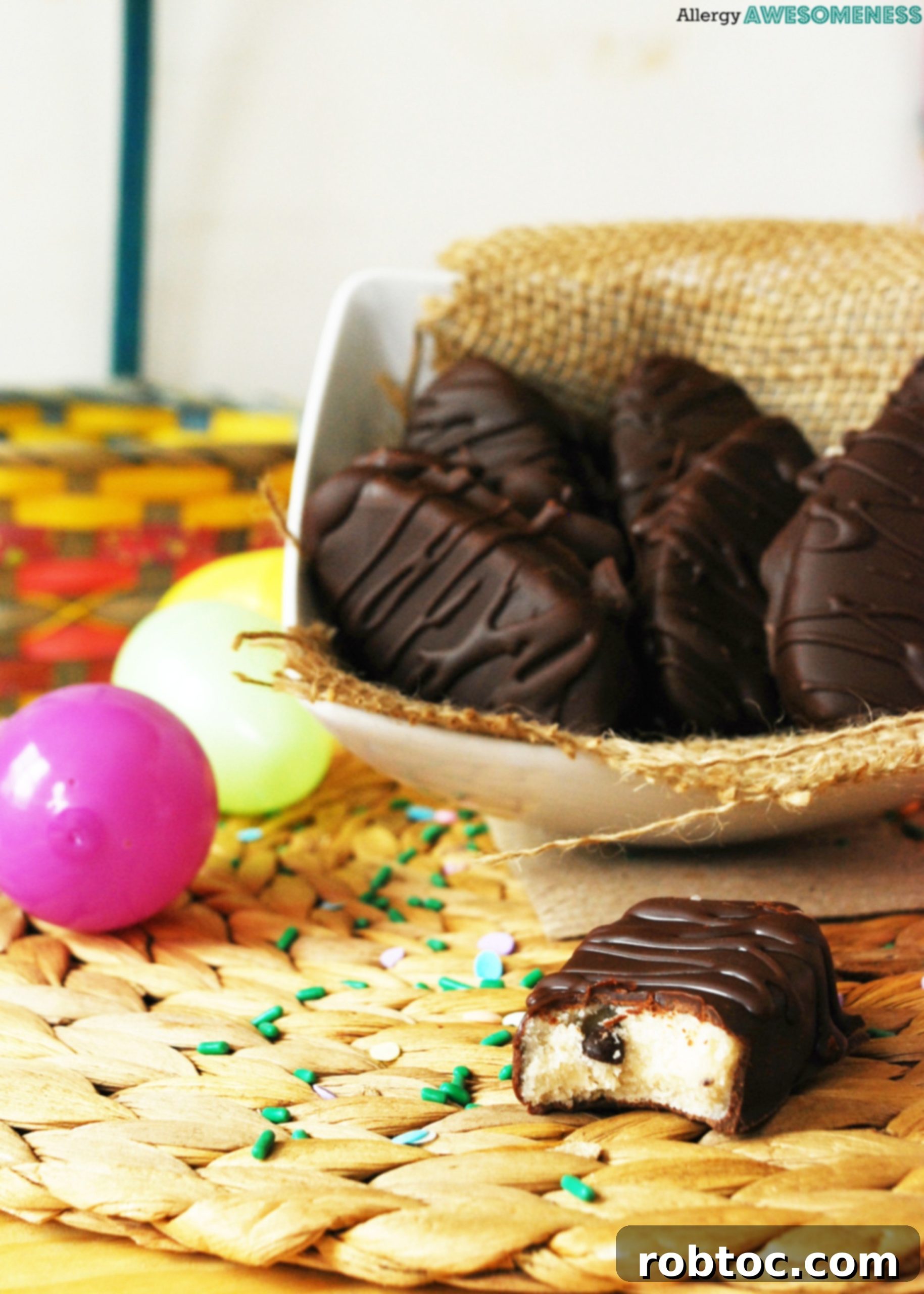 Gluten-free chocolate covered cookie dough Easter eggs arranged beautifully