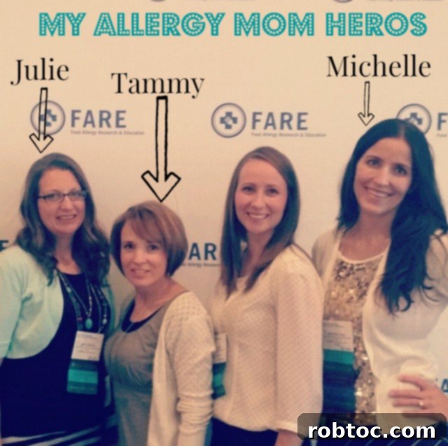 A group photo of several allergy moms, including the author, smiling together.