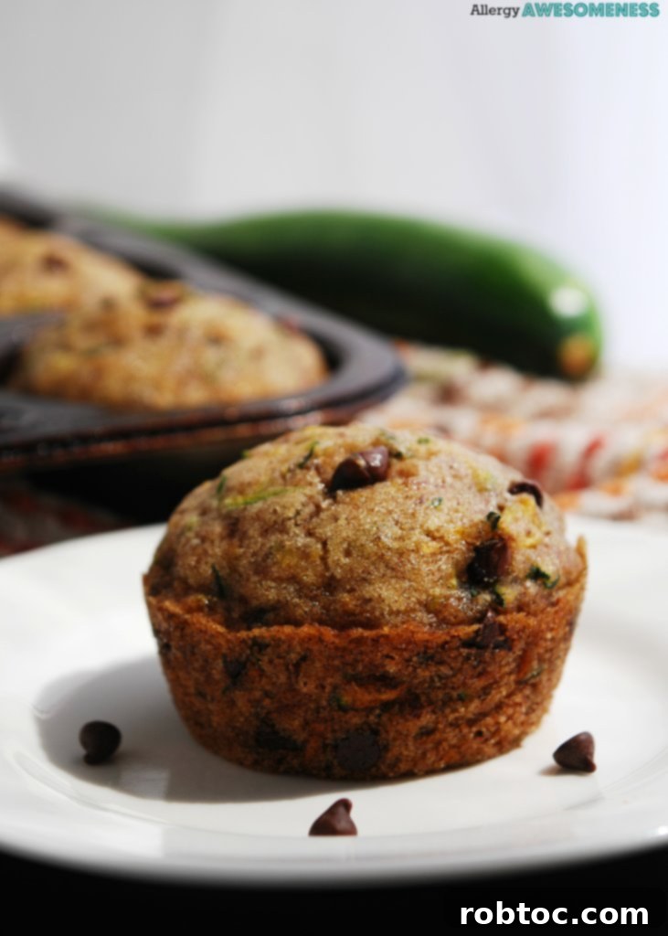 Close-up of fluffy egg-free chocolate chip zucchini muffins, a safe snack for kids