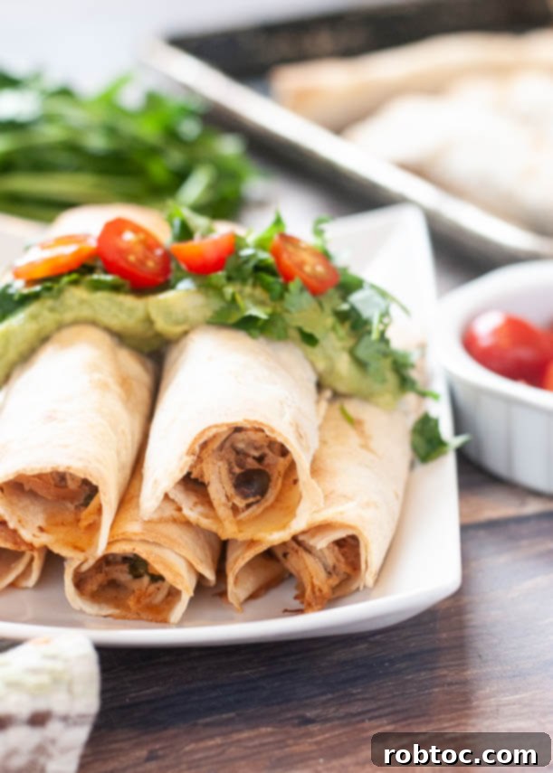 Ultimate Gluten Free Baked Chicken Taquitos 5 baked chicken taquitos served with guacamole