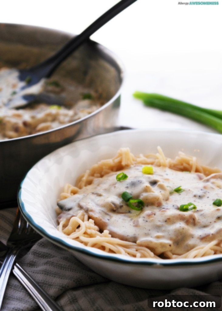 Allergy-friendly stroganoff recipe garnished with fresh chives