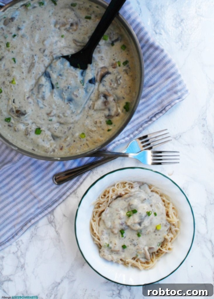 Close up of the best mushroom stroganoff recipe, showing creamy sauce and tender mushrooms