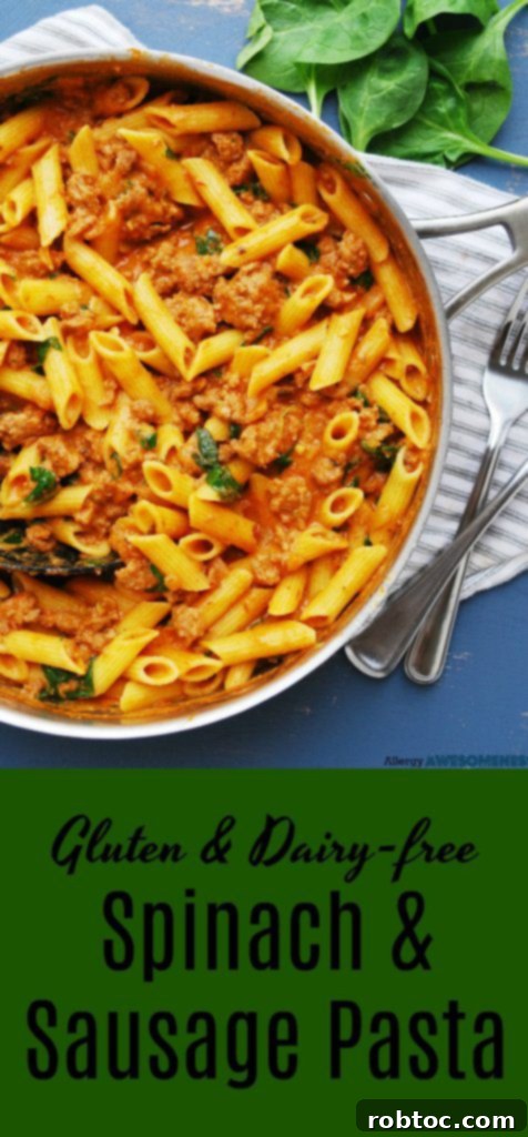 Sausage and Spinach Pasta, Wholly Gluten-Free and Dairy-Free 8 Gluten and Dairy-Free Spinach and Sausage Pasta Recipe Pin