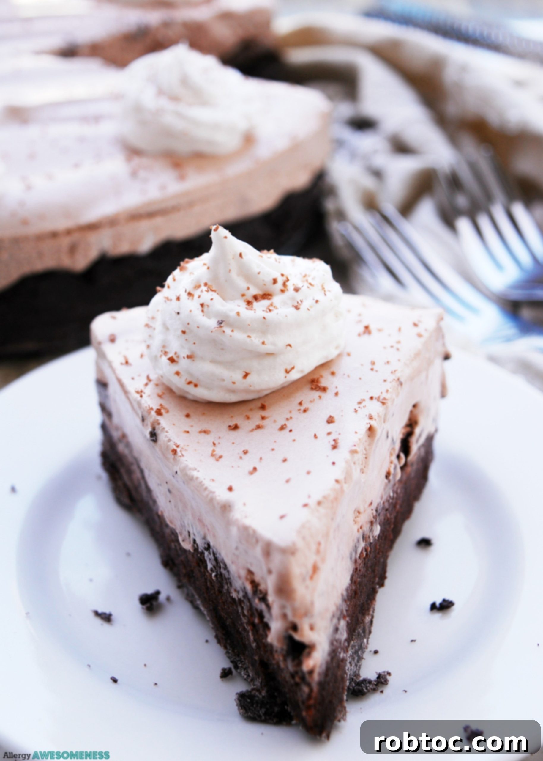 Decadent Vegan Triple Chocolate Pie Free of Gluten, Peanuts, and Tree Nuts 4 An easy, no-bake chocolate pie slice being served