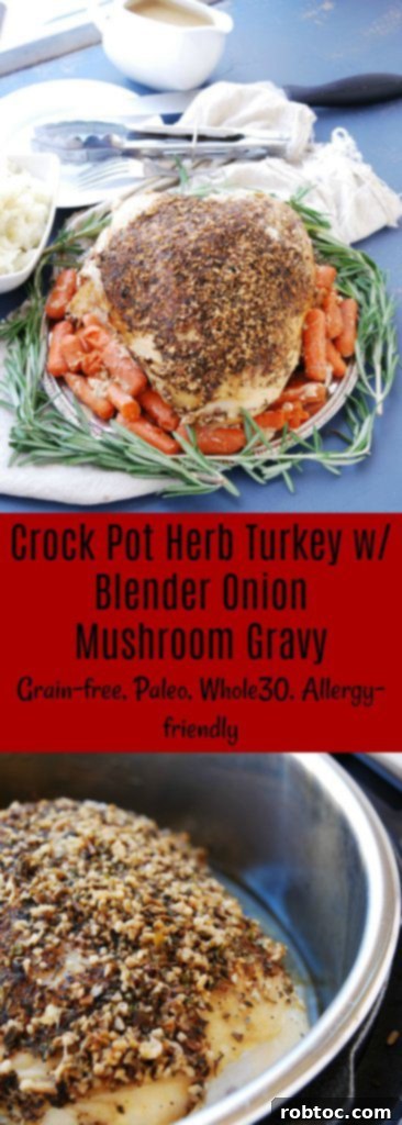 Slow Cooked Herbed Turkey Breast with Allergy-Safe Blender Onion Mushroom Gravy 10 Crock Pot Herb Turkey Breast with Blender Onion Mushroom Gravy served on a platter