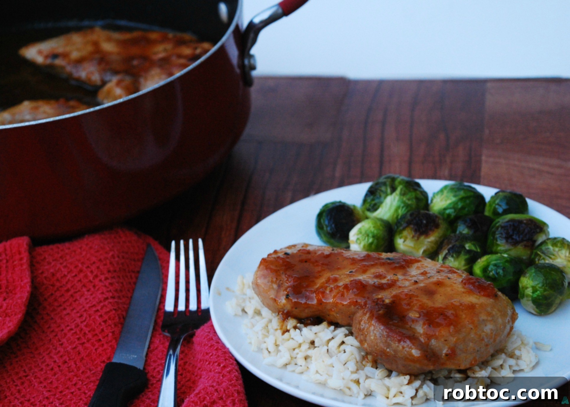 Horizontal shot of Apricot Ginger Glazed Pork Chops on a serving platter