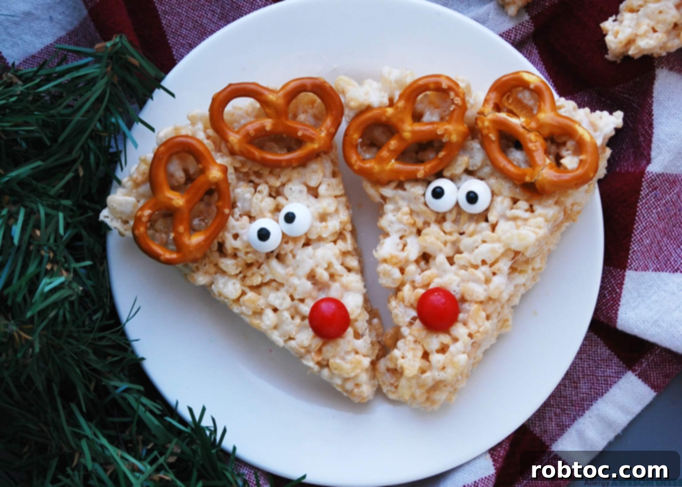 Allergy-Friendly Reindeer Rice Krispie Treats 2 Delicious and easy allergy-friendly Reindeer Rice Krispies treats arranged festive for Christmas