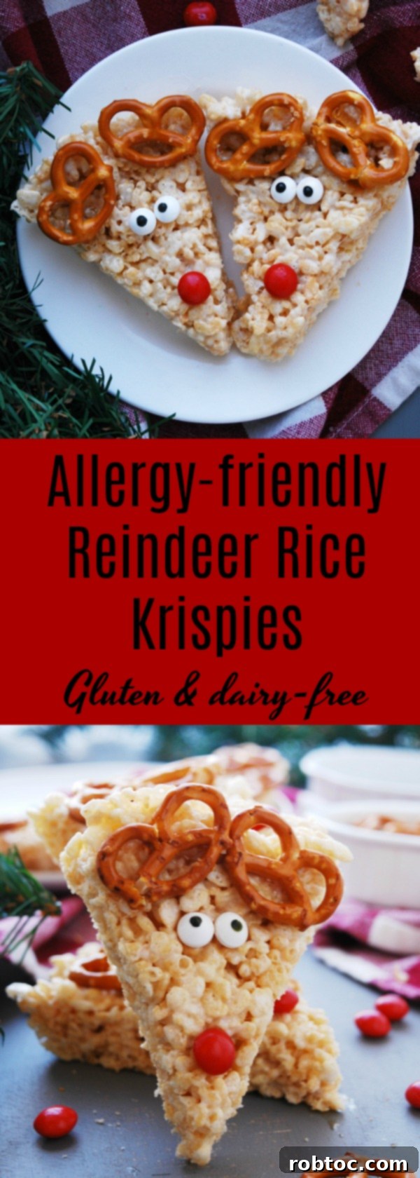 Allergy-Friendly Reindeer Rice Krispie Treats 10 Pinterest graphic for allergy-friendly reindeer rice krispies recipe