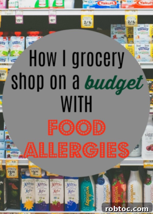 A woman smiling while holding grocery bags, illustrating budget grocery shopping with food allergies. The image features fresh produce and pantry staples, conveying a sense of smart, economical shopping.