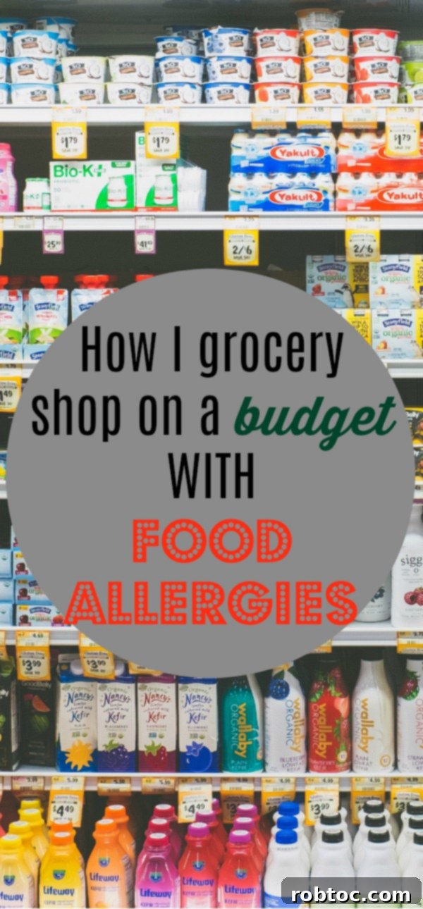 Pinterest graphic: How to grocery shop on a budget with food allergies, featuring text overlay of tips.
