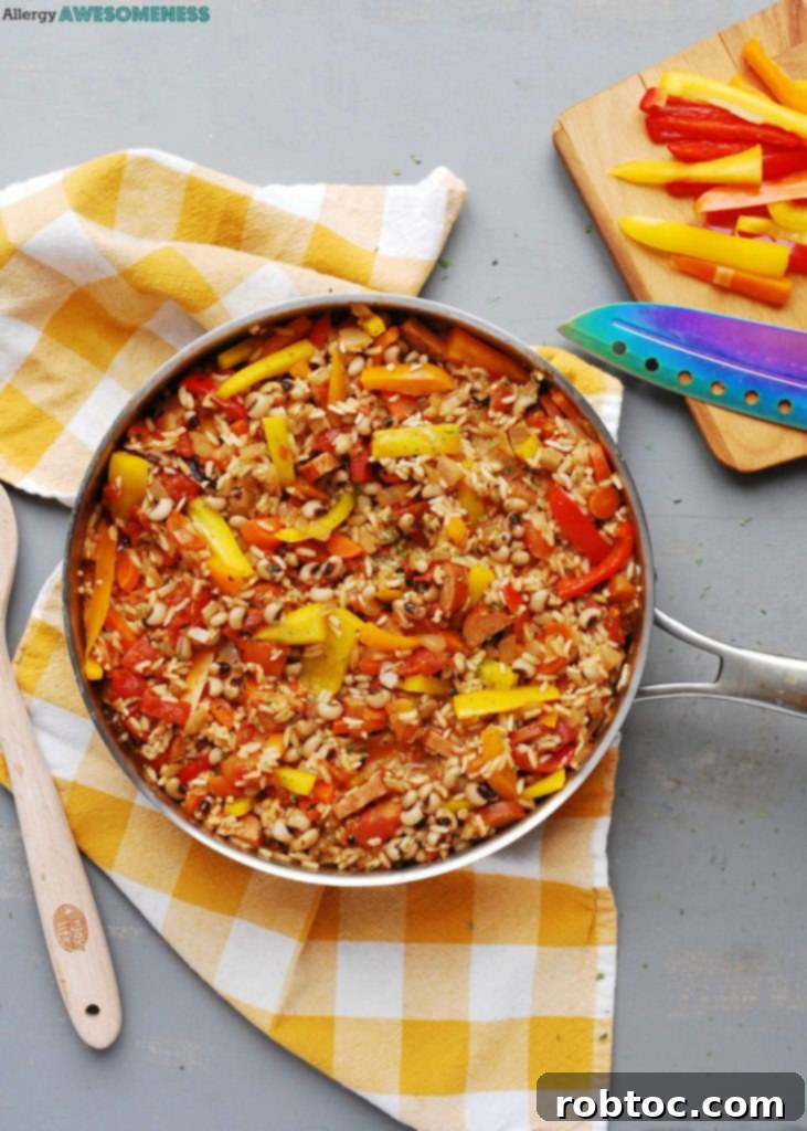 Allergy-friendly 30-minute skillet jambalaya with sausage, rice, and vegetables