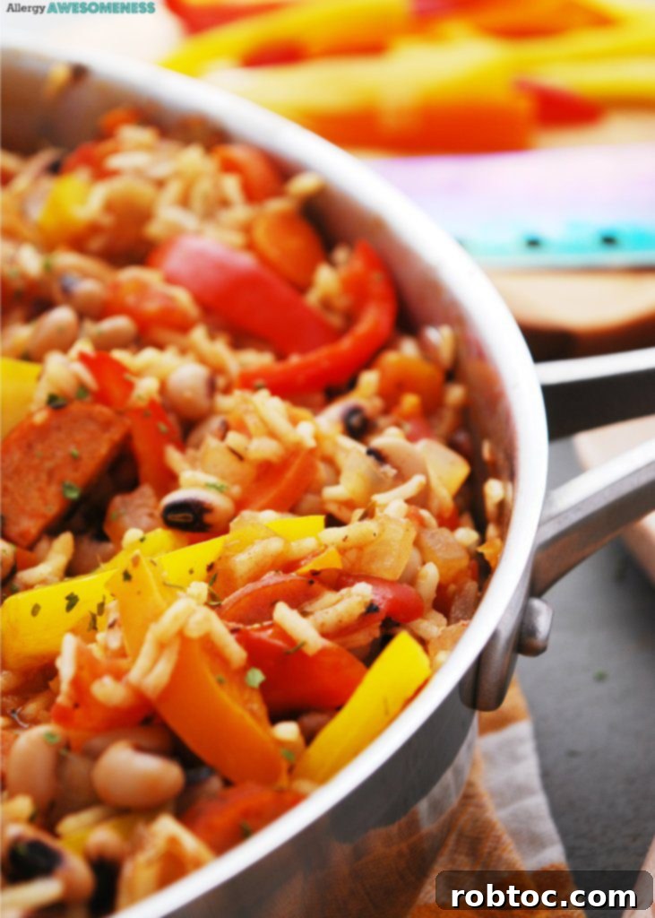 Close-up of dairy-free 30-minute skillet jambalaya, showing texture and ingredients