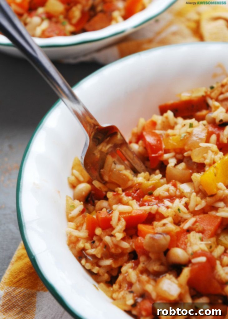 Vegetarian 30-minute skillet jambalaya, highlighting vegetables and rice