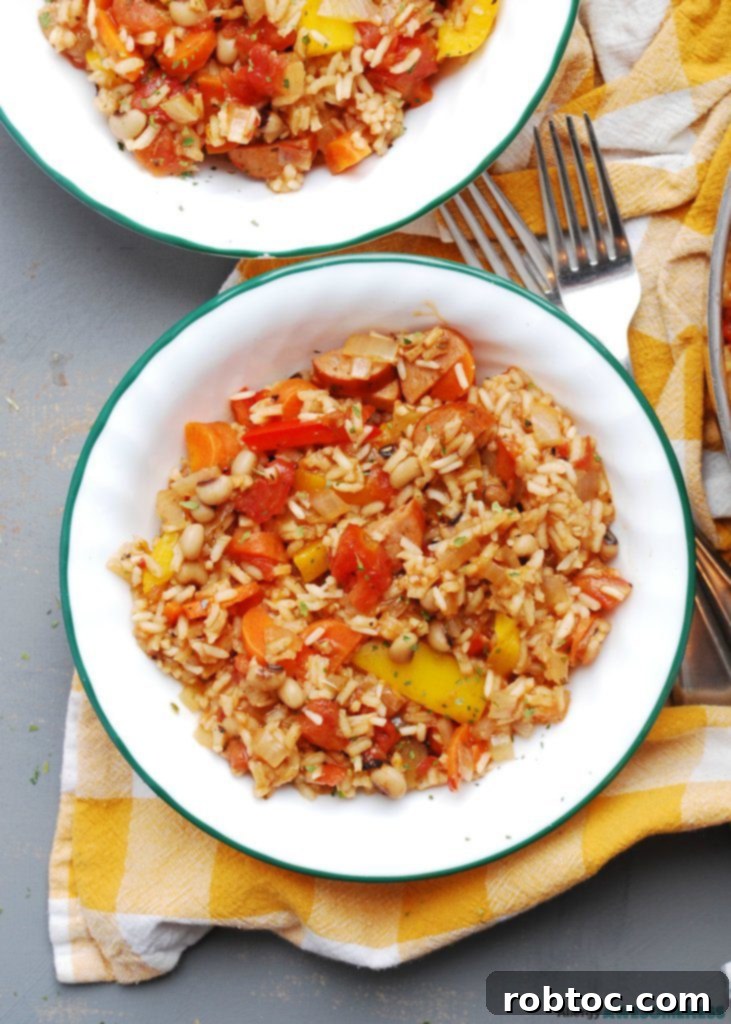 Overhead shot of an allergy-friendly one-skillet 30-minute jambalaya, ready to serve
