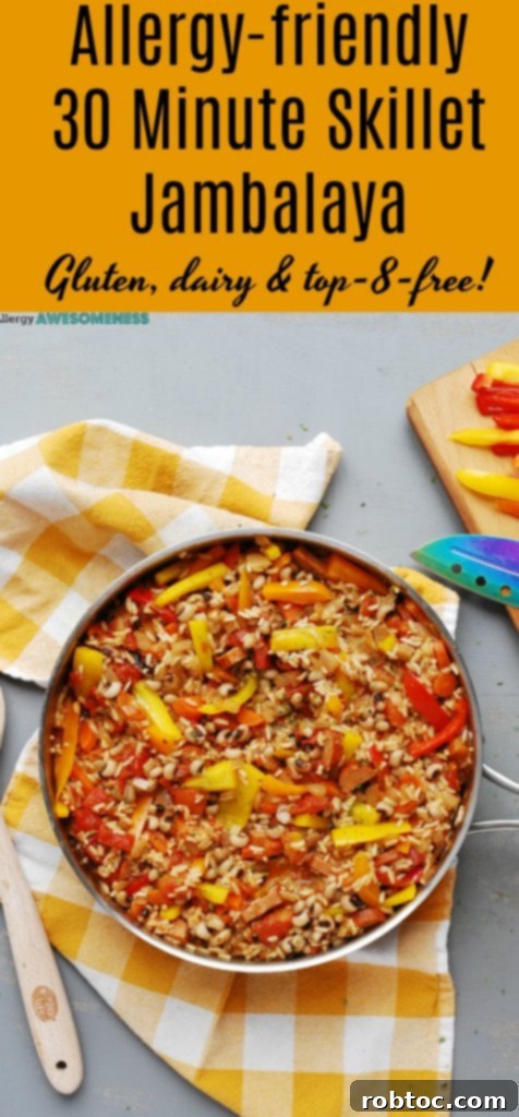 Pinterest graphic: allergy-friendly 30-minute skillet jambalaya